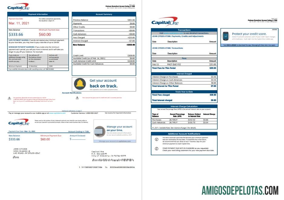 Modelo de extrato bancário USA Capital One para download em formato Word e PDF (2 páginas) Versão 3